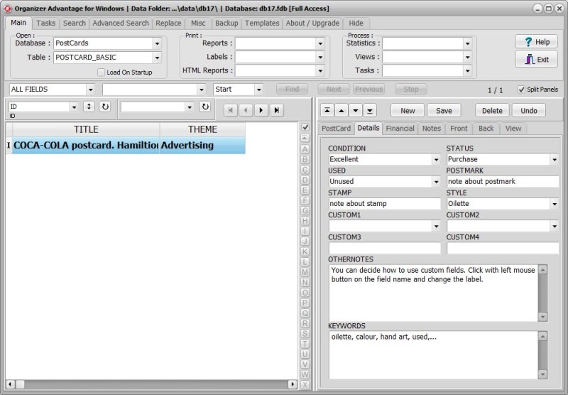 Postcard Collecting Software for Windows PCs data entry